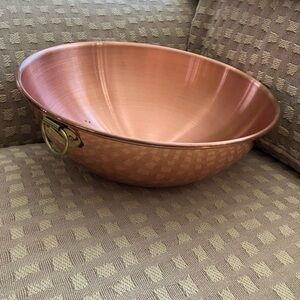 Round bottom Copper Mixing Bowl with brass ring. 11” inches across